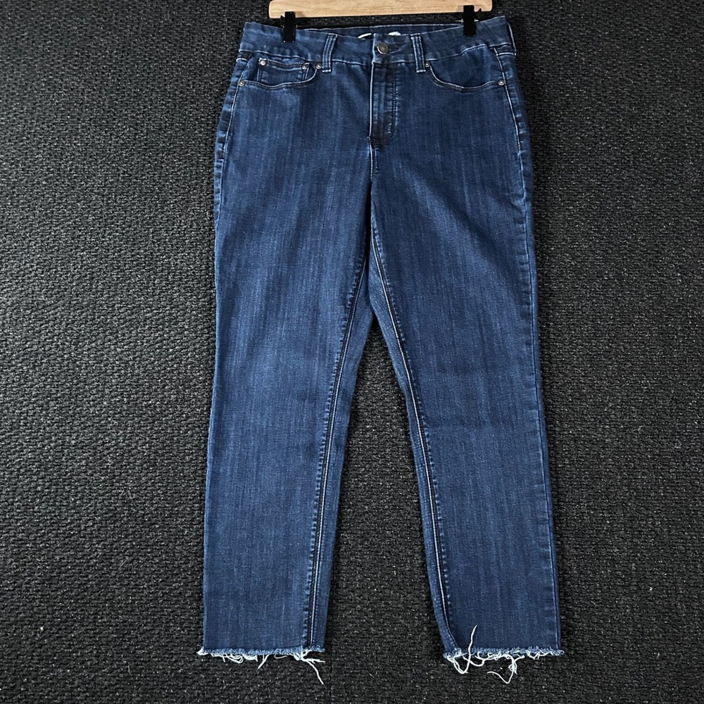 Seven7 Women's Jeans Size 12 Dark Wash Straight Leg High Waisted Raw Hem